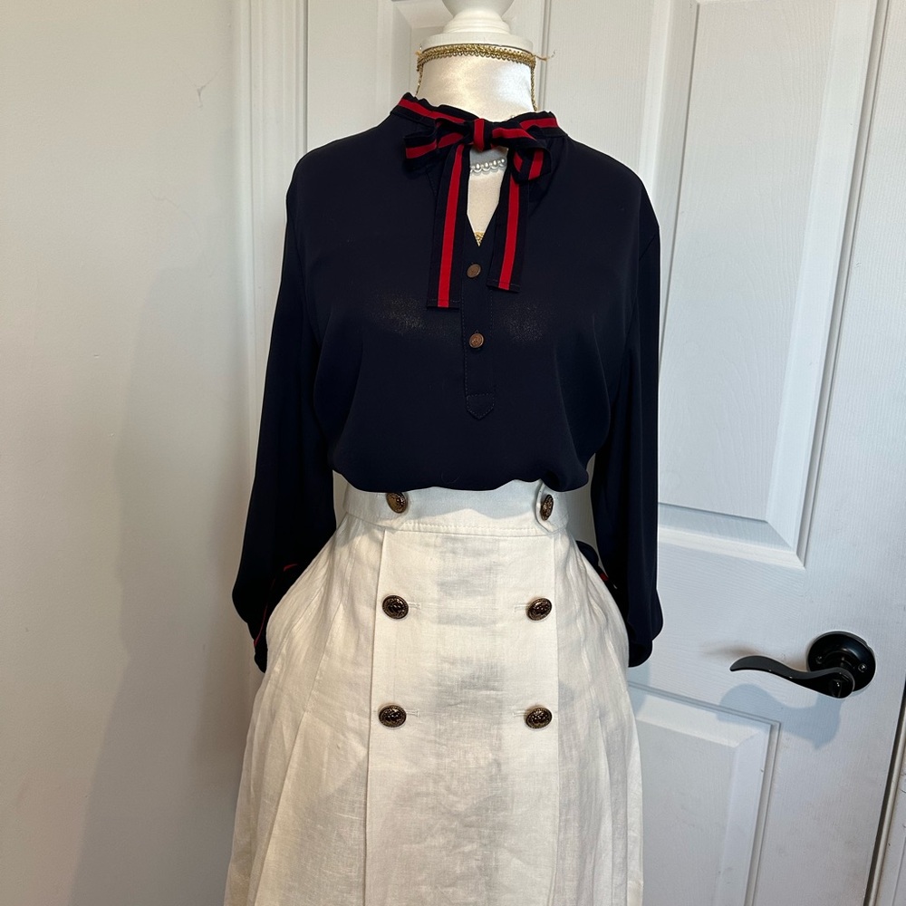 Elegant Navy Blouse with Red Accents